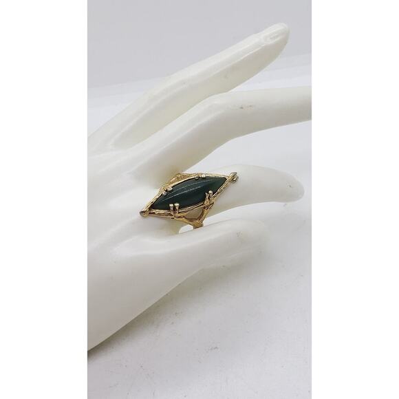 Vintage 1970s Nephrite Jade Marquise Ring Gold Plate Bamboo Branch sz 6.75 - Picture 3 of 13